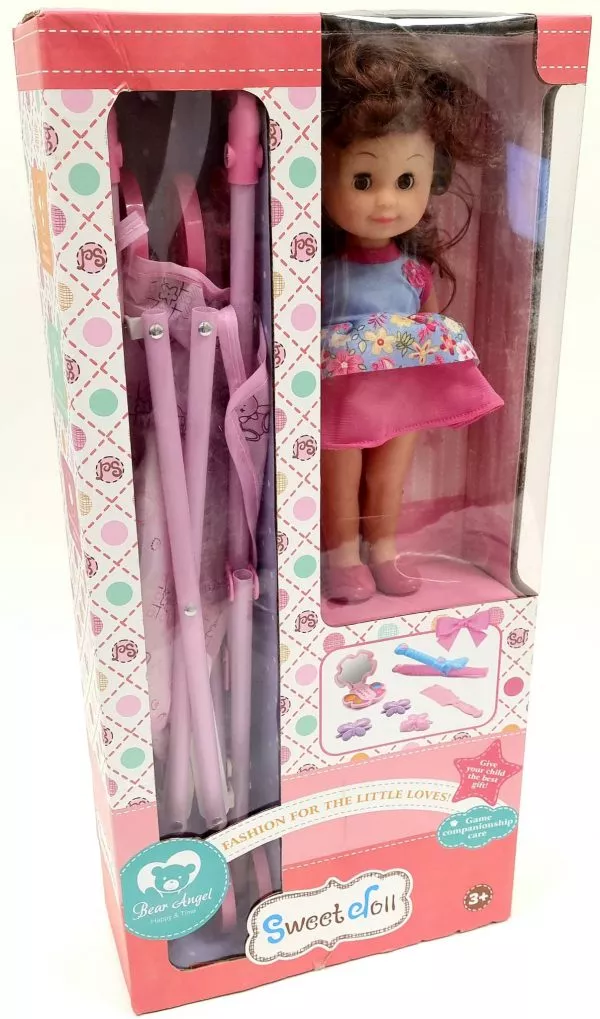 עגלה לבובה עם בובה ואביזרי שיער